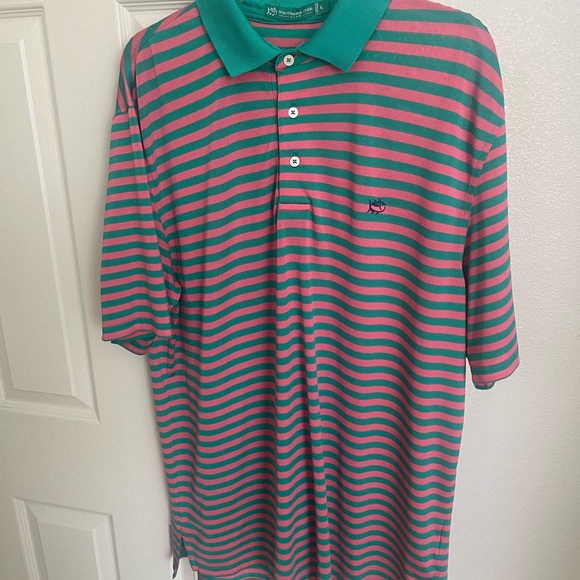 Southern Tide Teal and Pink Striped Polo Shirt - Picture 1 of 4